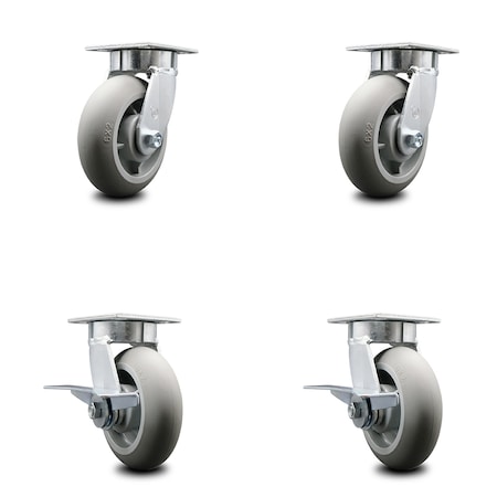 Service Caster 6 Inch Kingpinless Thermoplastic Rubber Wheel Swivel Caster Set with 2 Brakes SCC-KP30S620-TPRRD-2-SLB-2